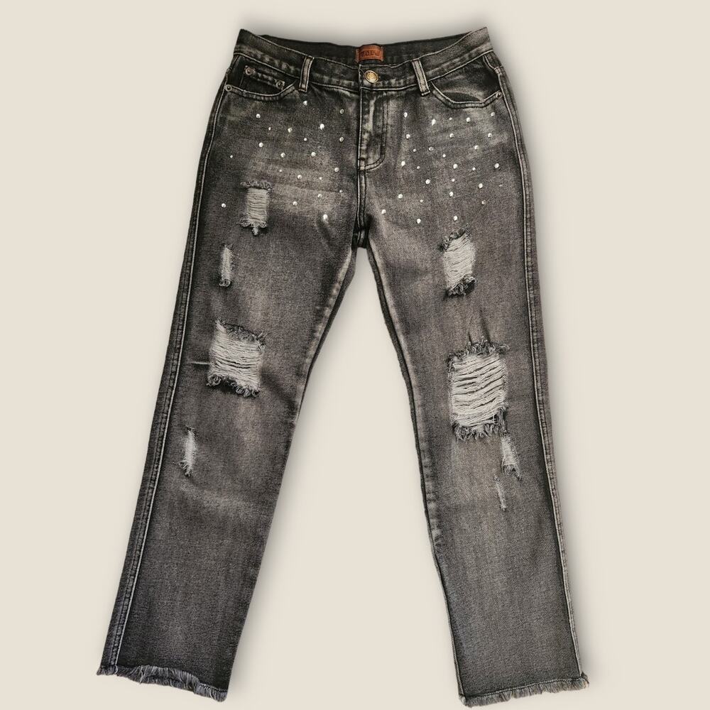 POL Women's Charcoal Distressed Cropped Frayed Ankle Rhinestoned Jeans Sz M